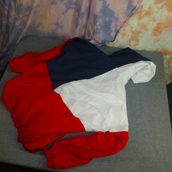 Riley & James Hoodie M Red White Blue Windbreaker "Good Vibes" 1/2 Zip - Picture 3 of 8